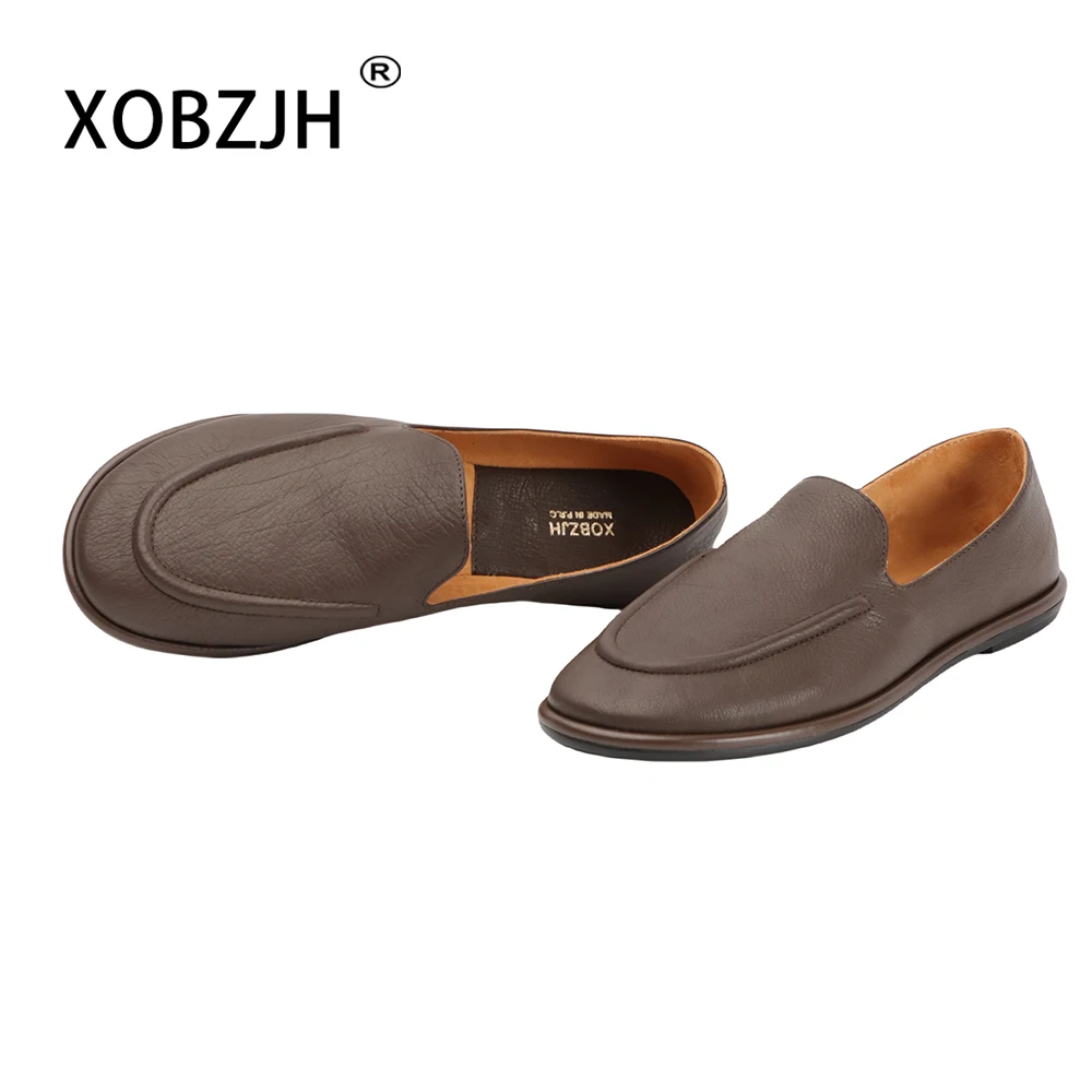 Sepatu pantofel kulit แท้2024 mocasines mujer รองเท้ารองเท้าสตรีหัวกลมสลิปออนเท้าข้างเดียวรองเท้าบัลเล่ต์นุ่มสำหรับผู้หญิงรองเท้าส้นเตี้ย