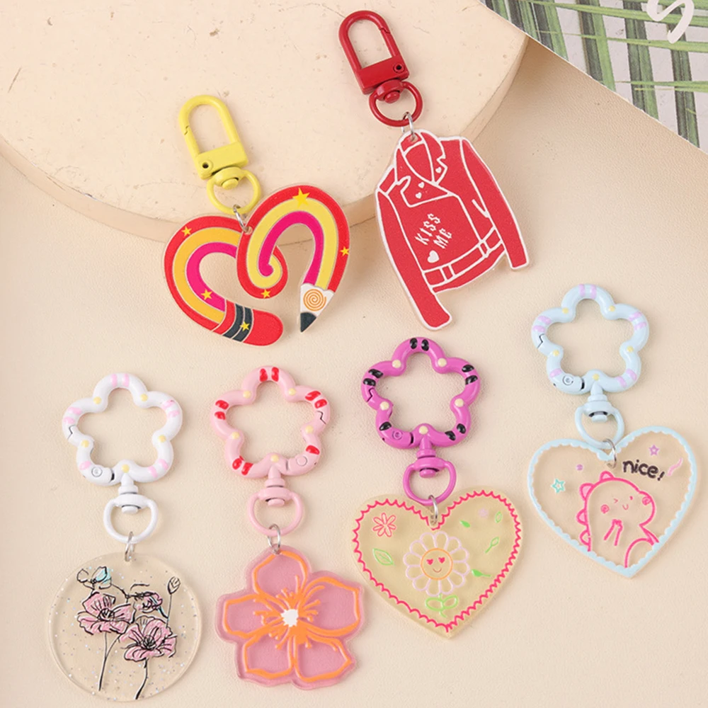 Ins Mini Cartoon Acrylic White Rose Pencil Heart Bear Apple KeychainsPendant School Bag Accessories Headphone Cover Keyring Gift