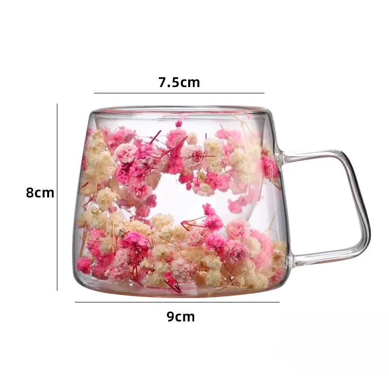 Dubbele Wand Glazen Beker Helder Gedroogde Bloemen Helder Glas Theekop Koffie Melk Water Creatieve Geschenken Geïsoleerde Glazen Bekers Met Handvat