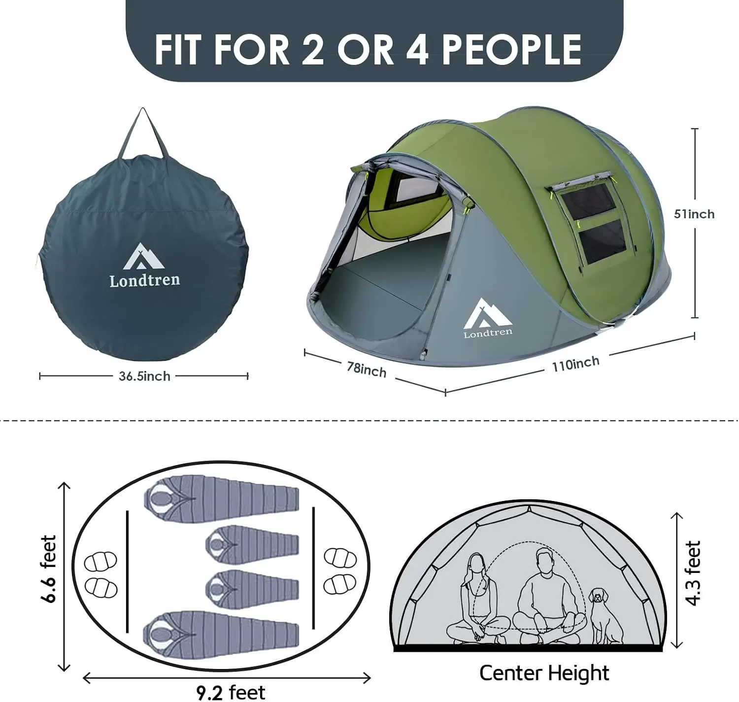 ^4 Person Easy Pop Up Tent Waterproof Automatic Setup 2 Doors-Instant Family Tents for Camping Hiking & Traveling