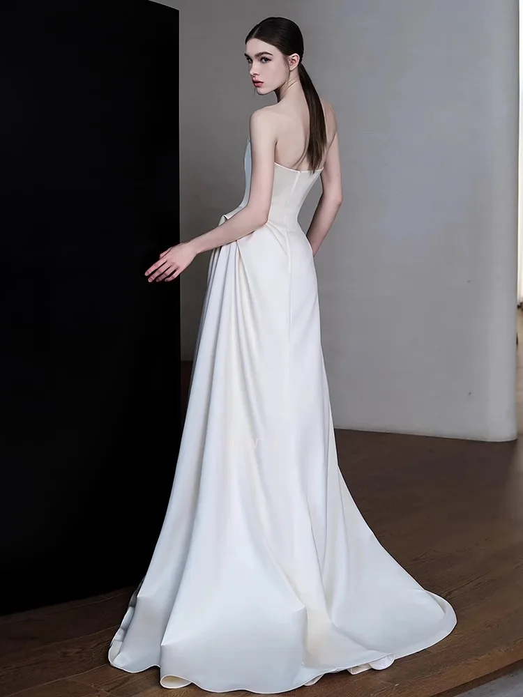 프랑스 스타일 긴 파티 웨딩 드레스 여성 라이트 럭셔리 새틴 Strapless Appliques a 라인 저녁 파티 드레스 연회 가운