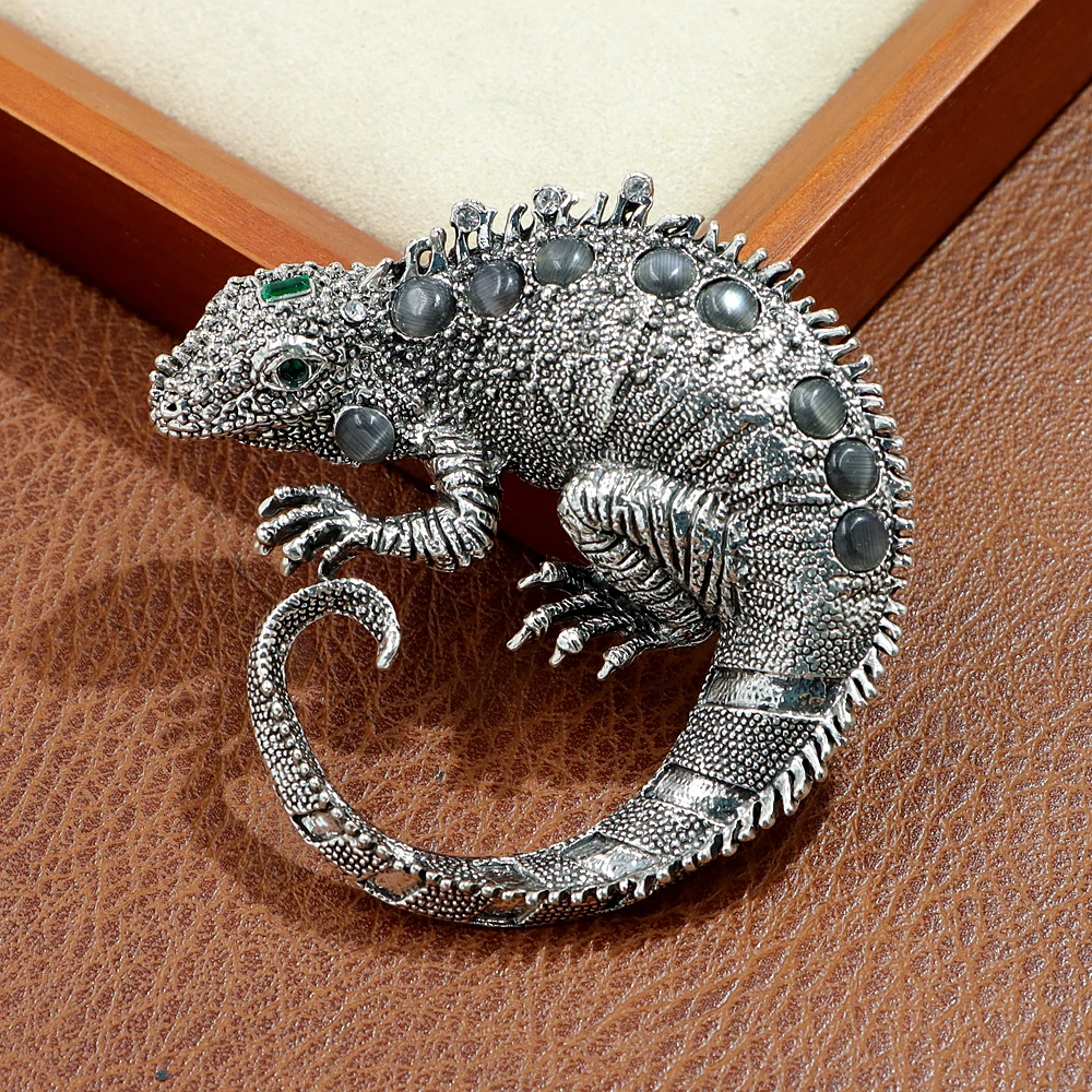 CINDY XIANG Vintage Metal Large Lizard Opal Pins For Women Cute Animal Brooches Jewelry Good Gift