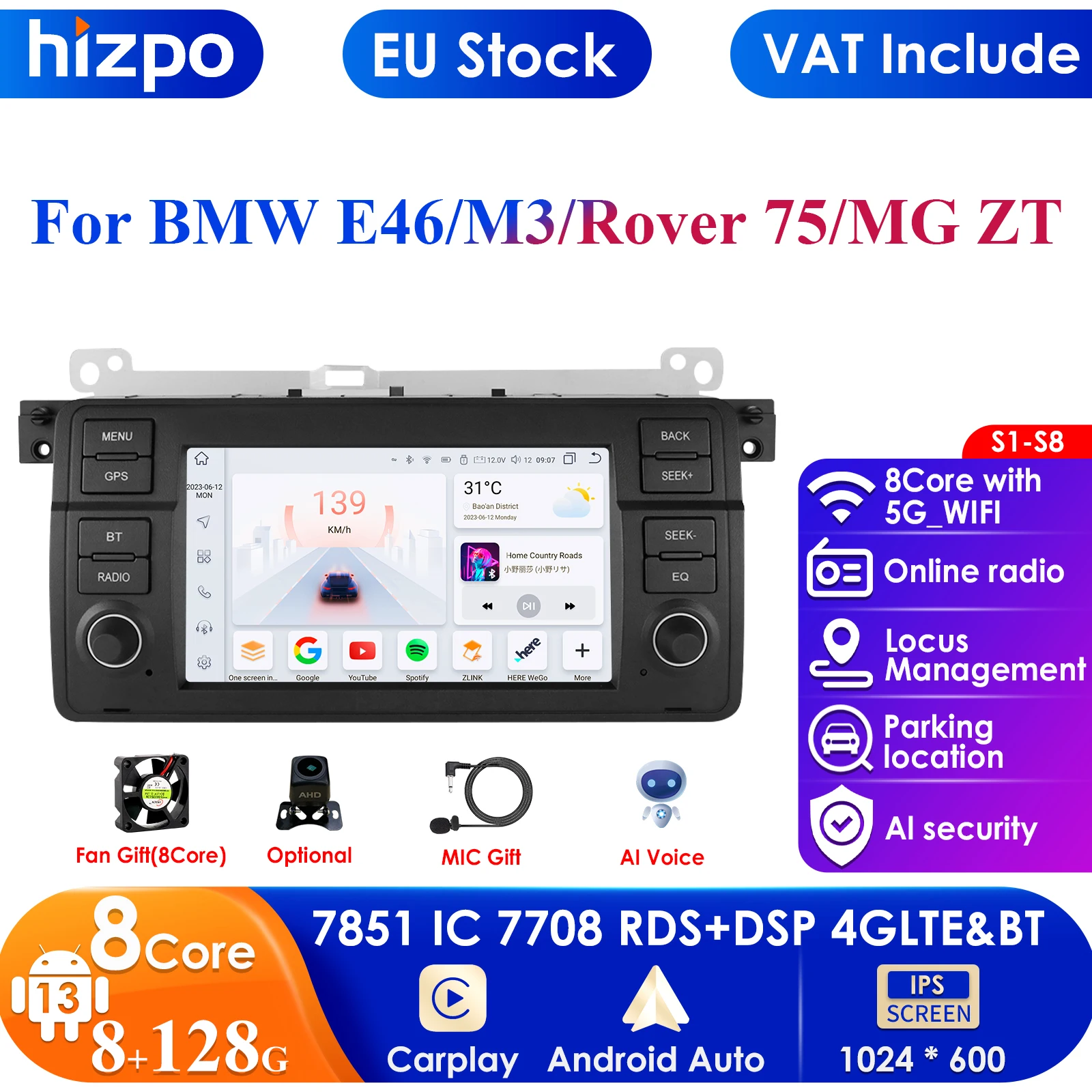 Carplay 8G+128G Android Car Radio GPS for BMW E46 M3 Rover 75 Coupe 318/320/325/330/335 Multimedia Navigation WIFI Stereo RDS BT