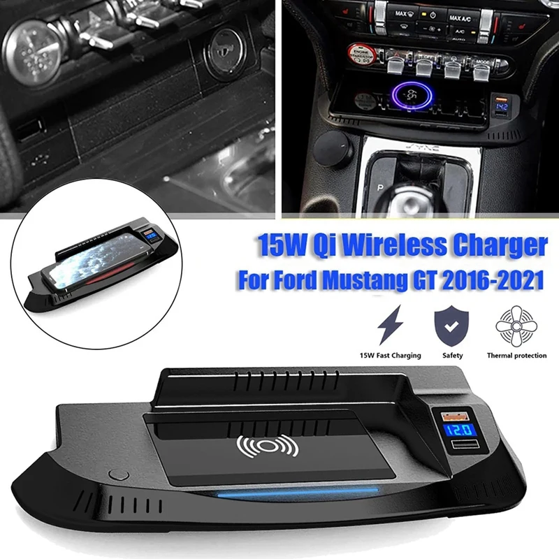 15W Qi Car Wireless Charger Quick For Ford Mustang GT 2015 2016-2021 Fast Phone Charging Plate Interior Modification