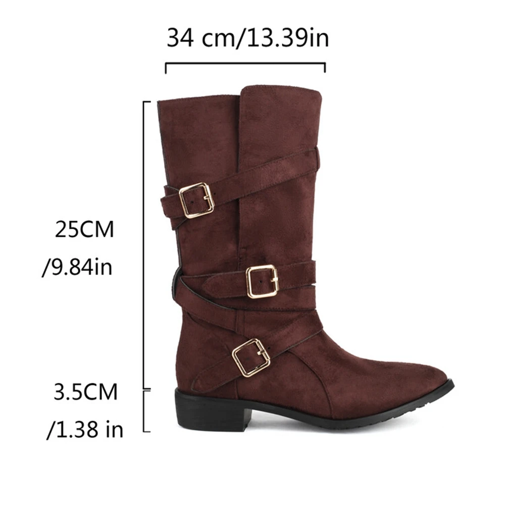 BLXQPYT أحذية نسائية من جلد الغزال بإبزيم حزام بمقدمة مدببة وكعب منخفض مريح جديد مطوي أحذية قتالية متوسطة الساق مقاس كبير 56 57 Q55