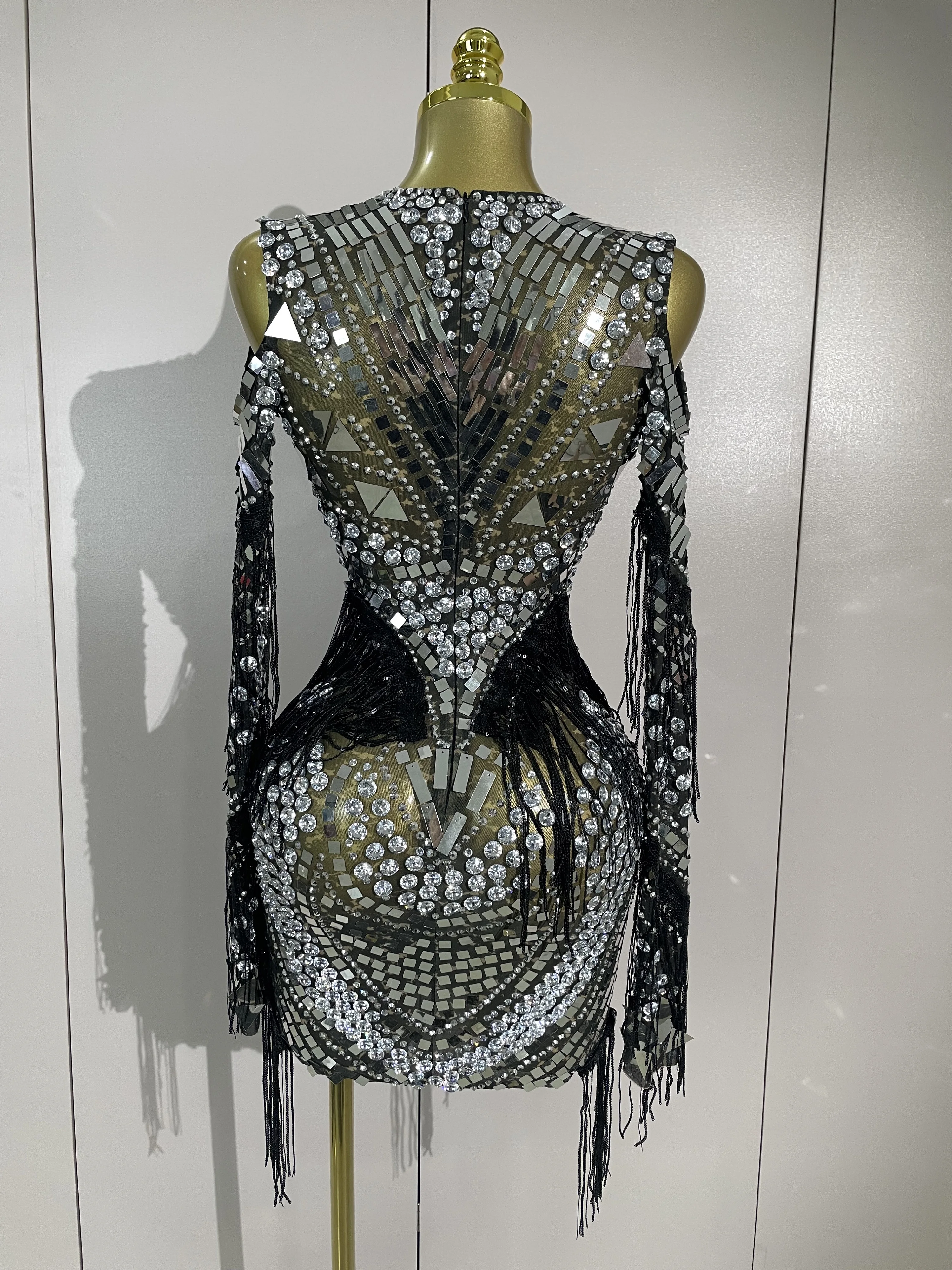 Sparkly Diamonds Sequin Tassels Long Sleeves Sheer Mini Dress Evening Party Luxury Birthday Sexy Mesh Nightclub Photo Shoot Wear