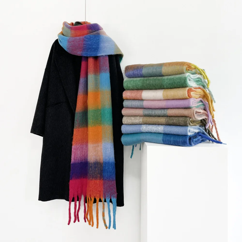 2024 Winter Thick Warm Scarf Women Cashmere Shawl and Wraps Pashmina Neckerchief Bufanda Female Rainbow Hairy Tessel Echarpe New