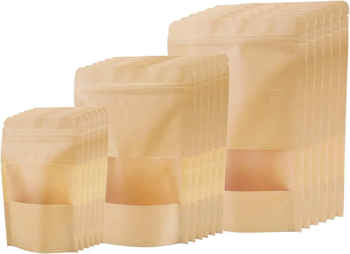 150 Count Kraft Paper Bags with Resealable Lock Seal Zipper &Transparent Window, Stand Up Food Bags