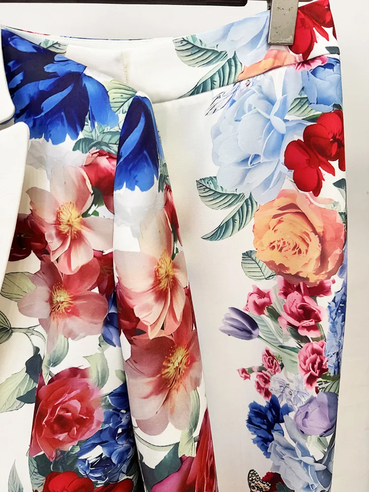 2025 Nieuwe Vrouwen Sexy Lange Mouw Print Bloemen Wit Twee Stukken Broek Bandage Set Celebrity Designer Mode Dames Set