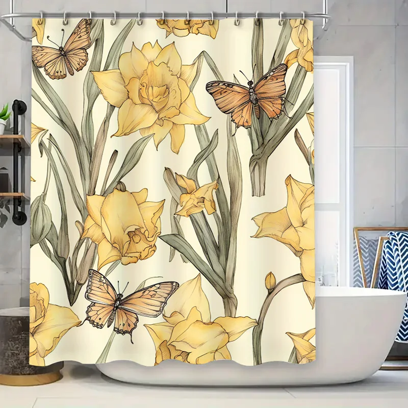 

Занавеска для душа с золотым подсолнухом и бабочкой, желтый цветочный декор для ванной комнаты, водонепроницаемые тканевые шторы с 3D принтом и R