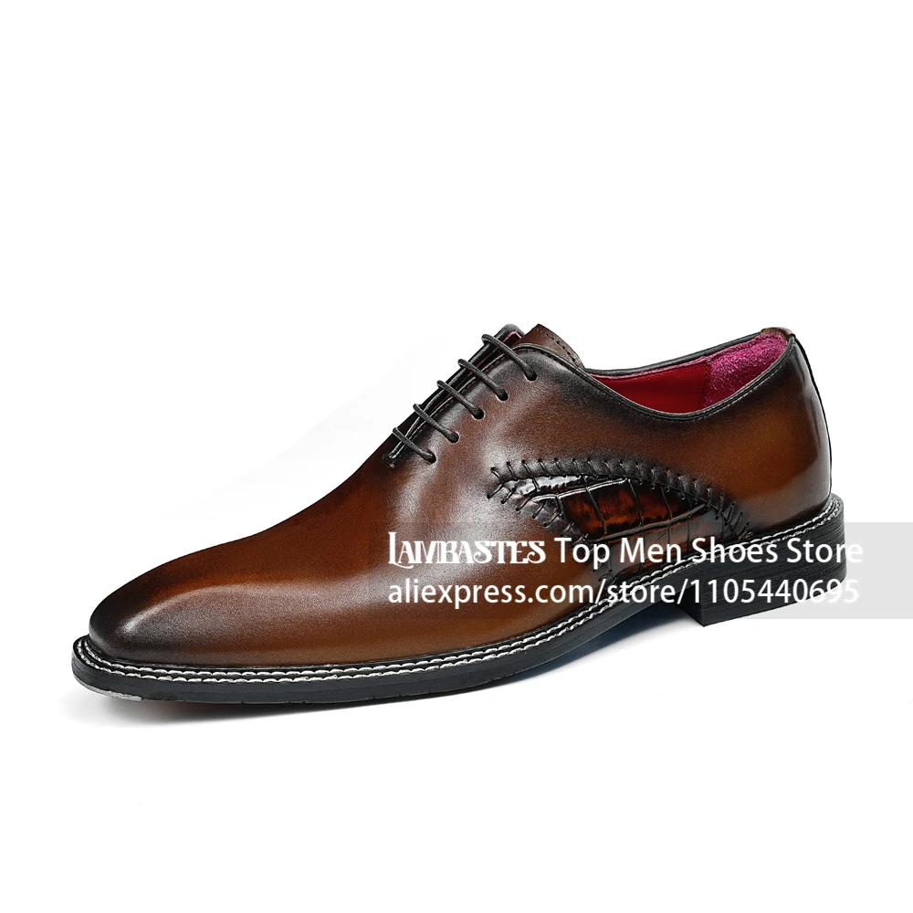 Leather Croc Patch Stitch Oxfords Pointed Almond Toe Formal Business Dress Shoes Side Croc Panel Lace Up Leather Shoes for Men