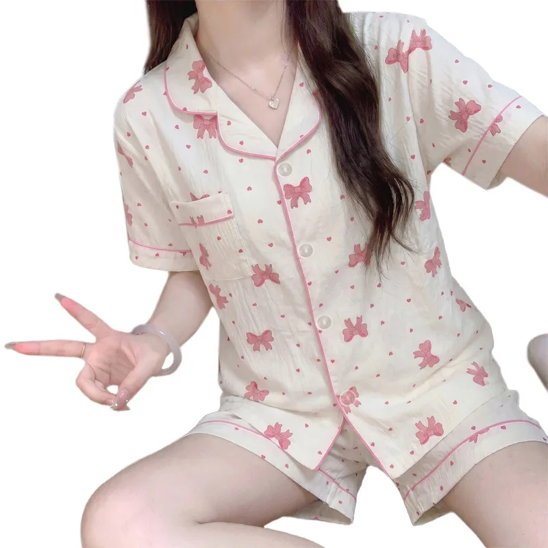 New Girl-Style Bow Pajama Set with Short Sleeves and Shorts, Summer Thin Fashionable Loose and Breathable Casual Home Wear 5