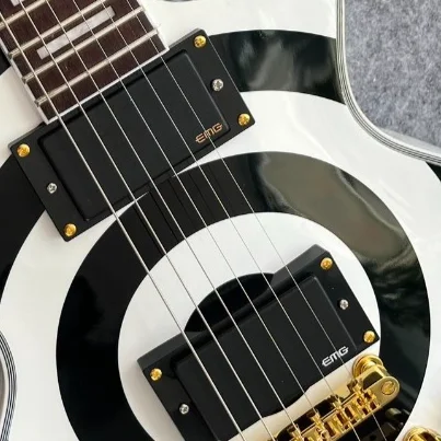 Bullseye White LPQW E-Gitarre EMG‑HH Aktive Humbucker-Tonabnehmer Schwarz-Weiß Bullseye-Finish, Goldene Hardware, Bestseller Neu