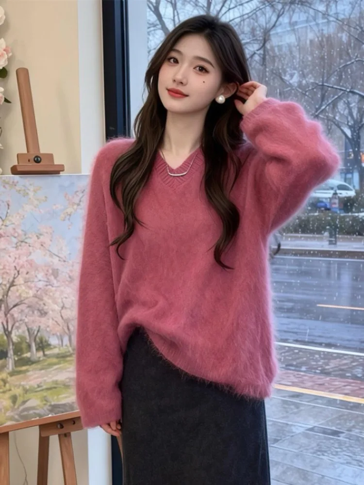 

Rose Red V-Ne Camere Knitwear Women's Spring Autumn Loose Sle Long Sve Thiened Turtlene Sweater Comfortable Soft