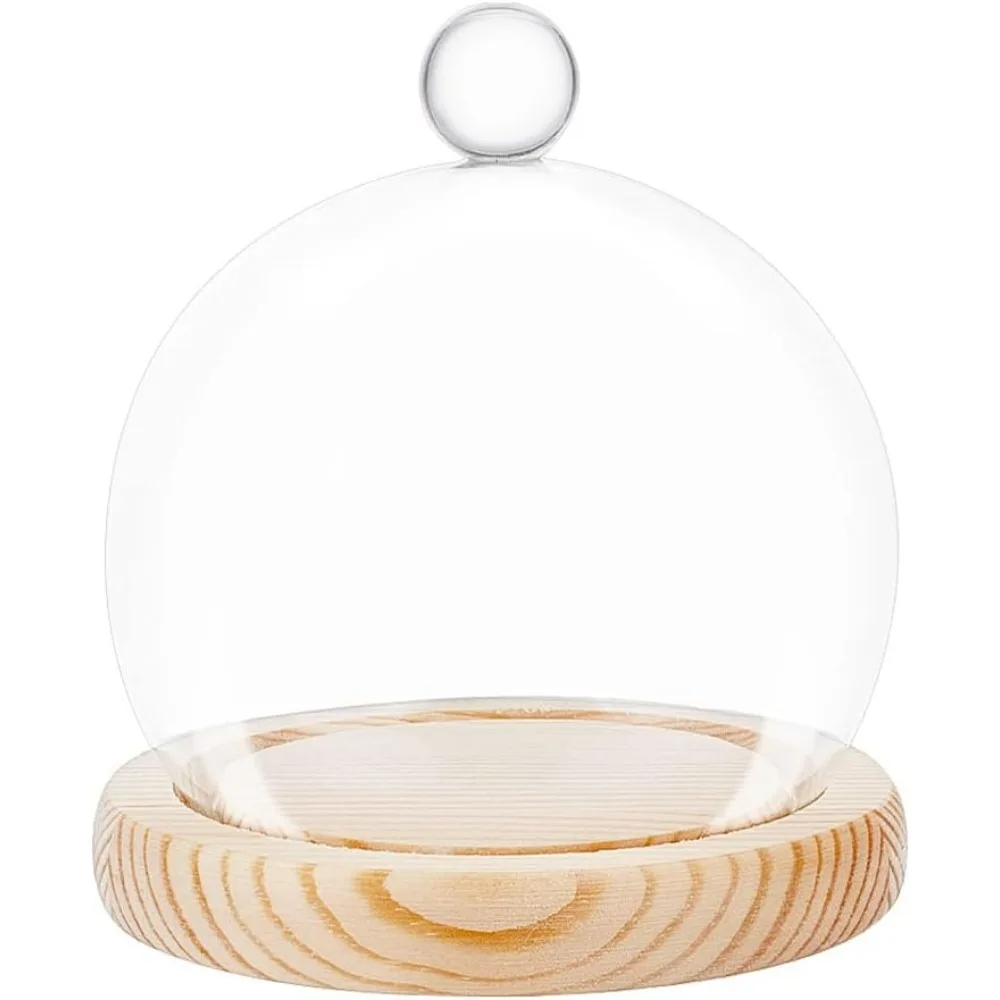 Clear Glass Dome Display Ball-Shaped Clear Glass Display Case with Wheat Wood Base Decorative Display Dome Case for Plants