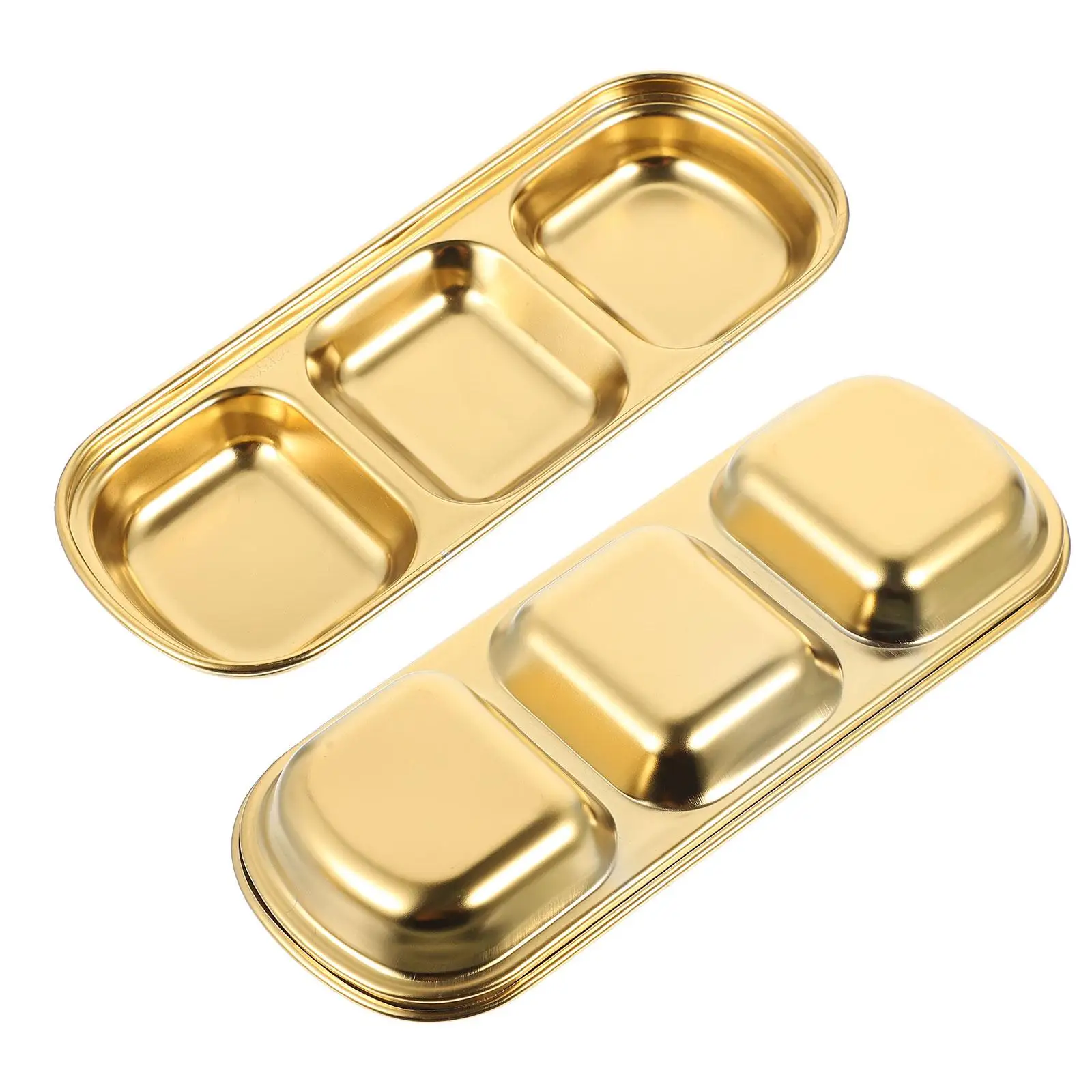 

2 Pcs 304 Stainless Steel Seasoning Dishes Golden Plated Sauce Dishes Three Grid Condiment Plates for Home Restaurant Use