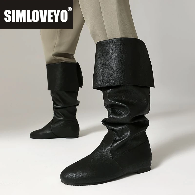 

SIMLOVEYO Роскошные женские ботинки до середины икры в стиле ретро с круглым носком на плоской подошве без шнуровки, большой размер 45, 46 47 48 Повседневные повседневные женские ботильоны