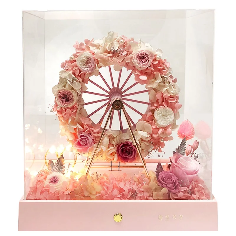 Ferris Wheel with Led Lights Steel Wheel Preserved Roses Real Flowers Acrylic Box Gift