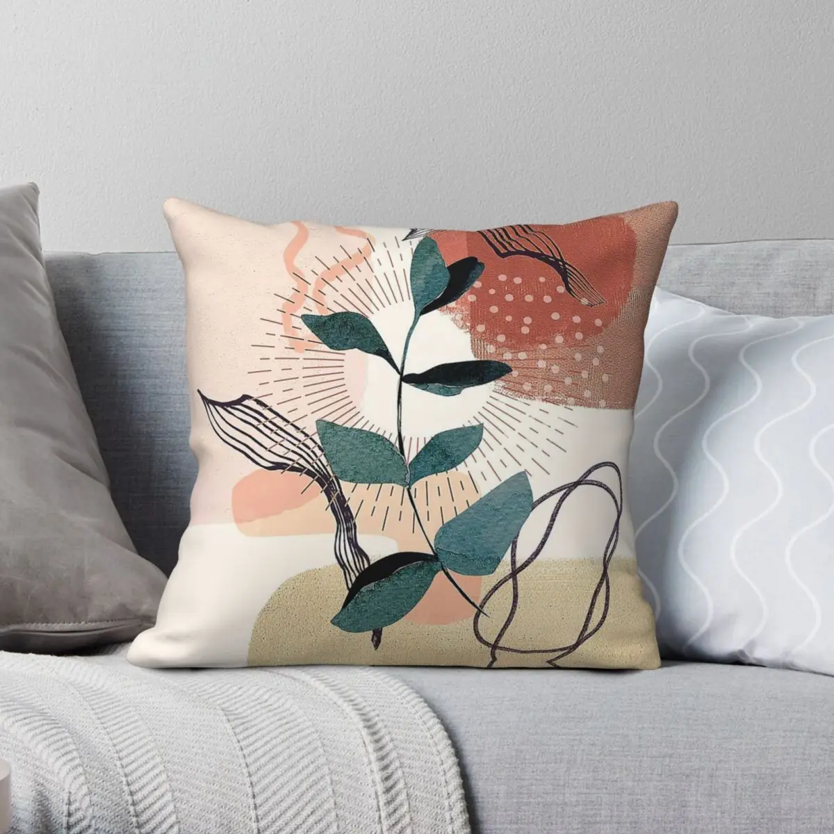 Eucalyptus Branch Gradient Pillowcase Polyester Linen Velvet Pattern Zip Decorative Throw Pillow Case Home Cushion Cover
