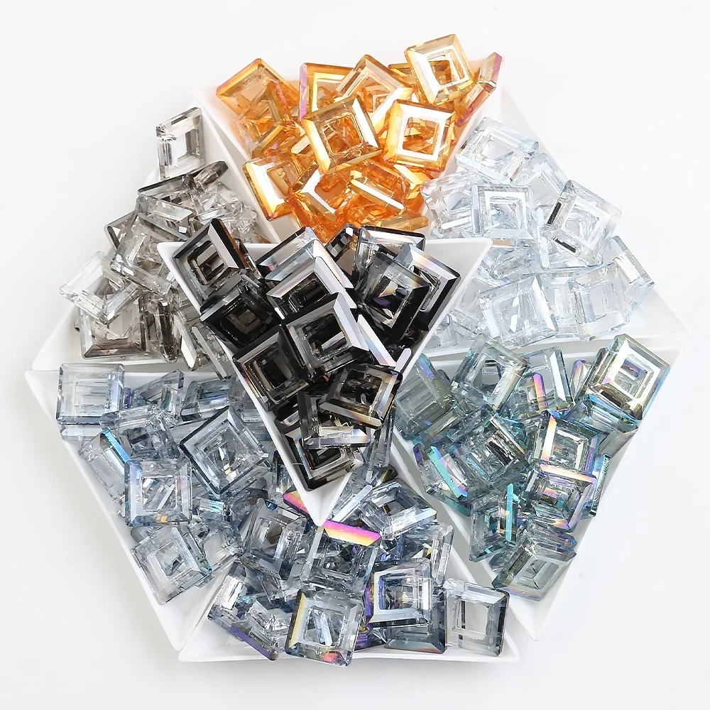 10 Pcs 14mm Crystal Square Hollow Ring Big Hole Loose Spacer Beads For DIY Making Earing Necklace Jewelry Crafts Nail Decoration