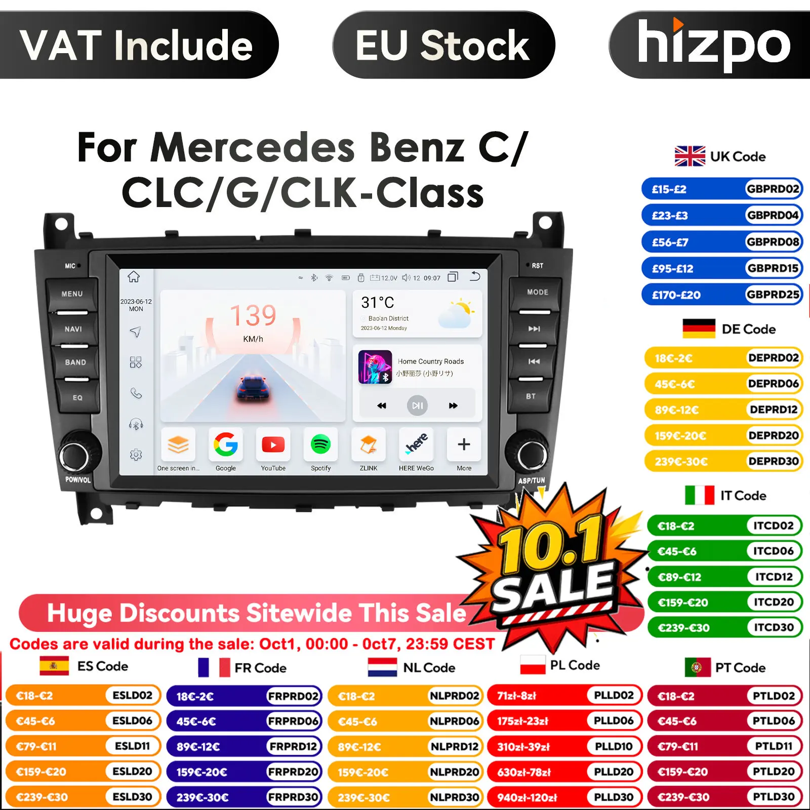 Hizpo Lettore multimediale per auto Android da 8 pollici 7862 2 Din per Mercedes Benz CLC W203 Classe C C180 C200 GPS Carplay 4G RDS Autoradio