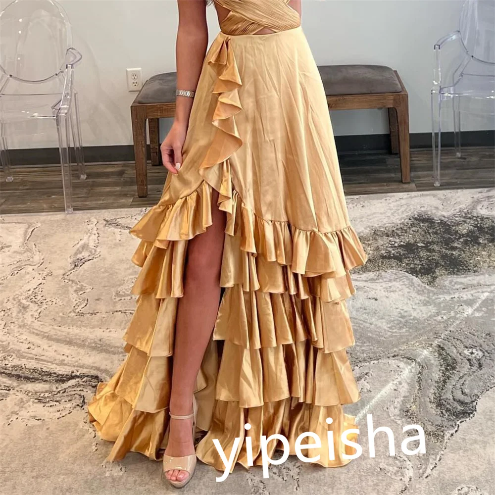 Customized Exquisite Matching V-neck A-line Evening Dress Formal Ocassion Gown Layered Satin vestidos de noche elegantes para mu