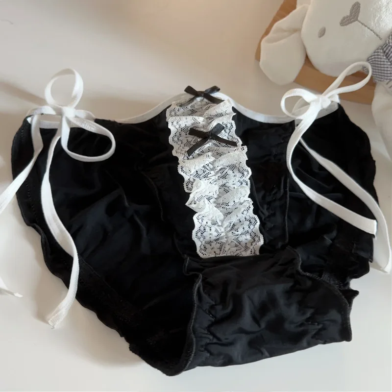 Women's Cute Ice Silk Lolita Panties, Bow Lace Ruffle Low Waist Lace Up Breathable Briefs, Multi-color Sweet Soft Girl Underwear