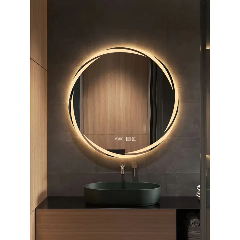 

Perforated round smart bathroom mirror, bathroom wall wall-mounted mirror, touch defogging multi-function makeup mirror with lam