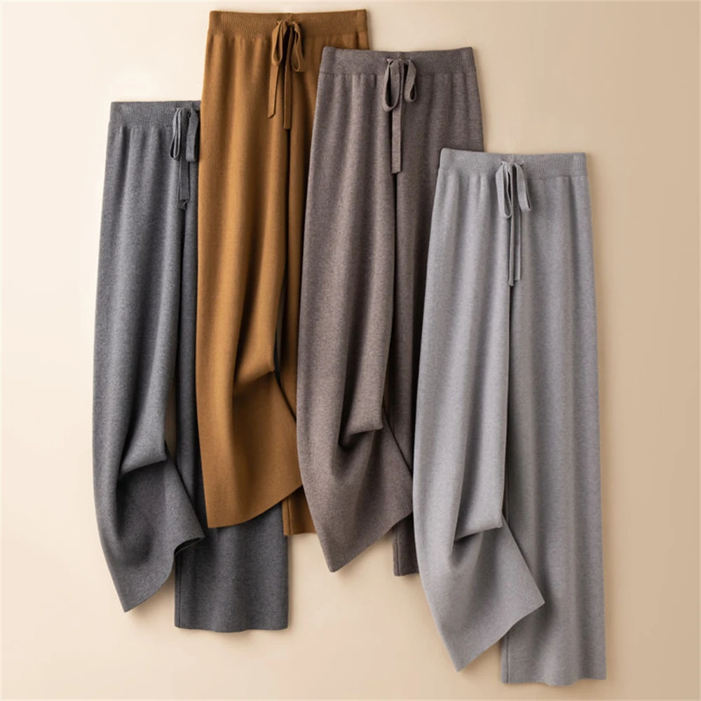 Women's Wool Knitted Wide-leg Straight Pants Autumn Winter Outer Wear Elastic High-waist Mopping Draped Loose All-match Trousers