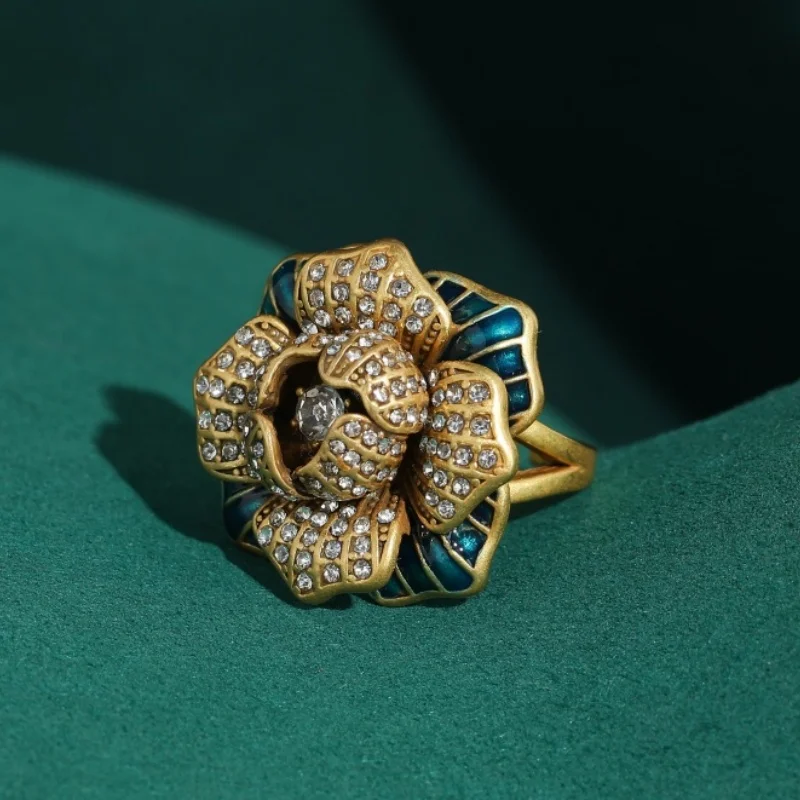 

Vintage Blue Rich Flower Rings for Woman Enamel Antique Gold Plated Rhinestone Jewelry High Quality Trends 2026 Accessories