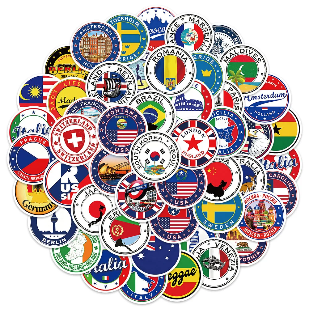 50PCS World Travel National Flag Logo Cartoon Graffiti Stickers DIY Luggage Notebook Water Cup Notebook Tablet Toy Stickers
