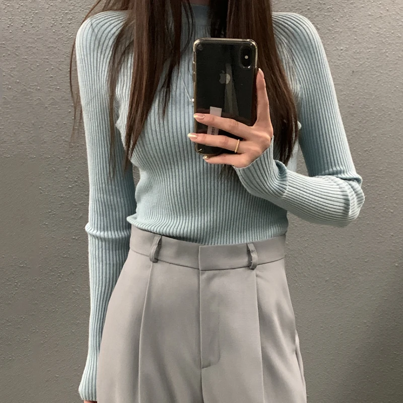 Blusa fena e de primavera, ajustada, manga crida, gola redonda, costas vazadas com botões, estilo coreano moder...