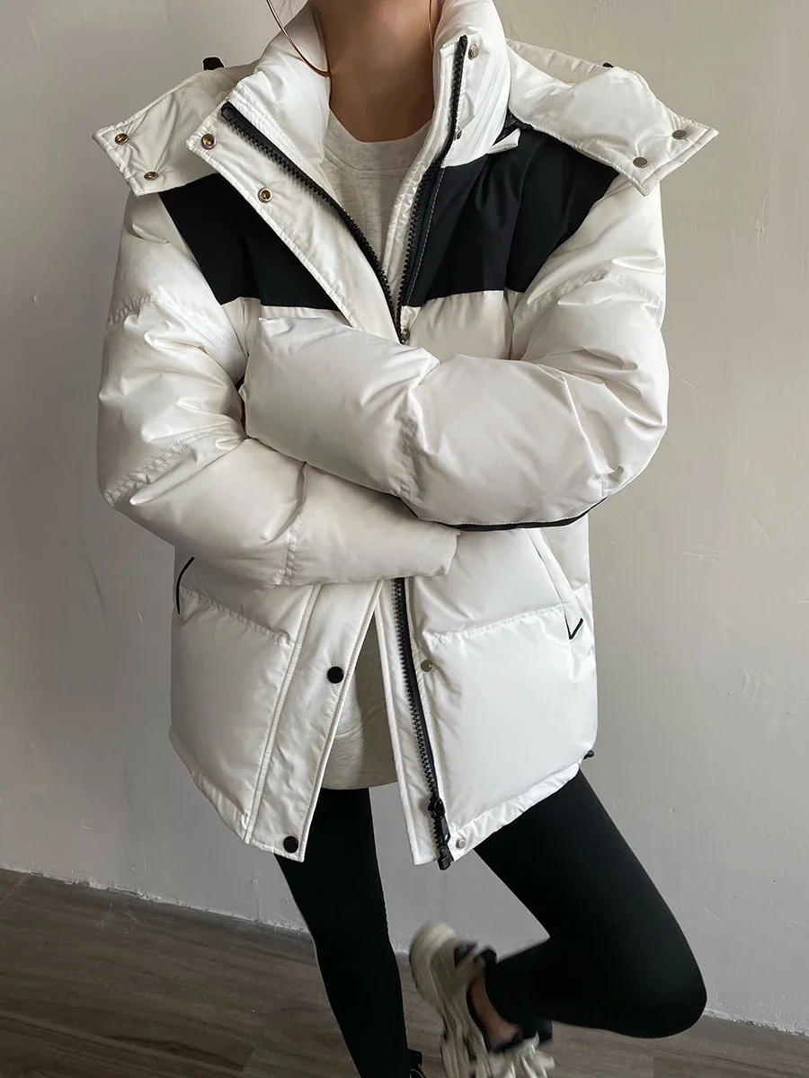 Black and White Color Matching down Jacket Women's Clothing High Sense College Simple Loose Cargo Style Hooded Warm Cotton Coat