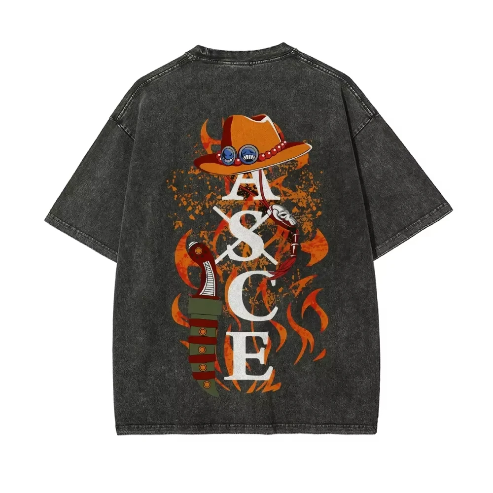 

Ace T Shirt One Piece ASCE Tattoo Fire Vintage Acid Wash Streetwear Oversized Retro Japanese Anime Graphic Cotton Men Tees 2026