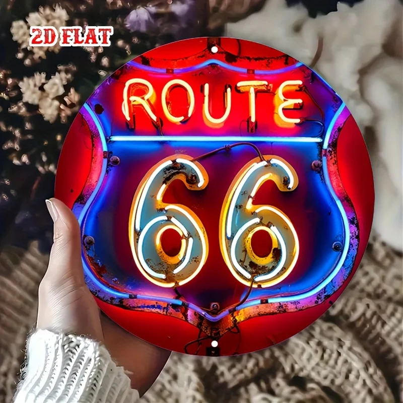 2D flaches 1pc66 Route Retro-Neonschild – runde Wanddekoration aus Holz, geeignet für Häuser, Garagen, Cafés, Restaurants und Bars