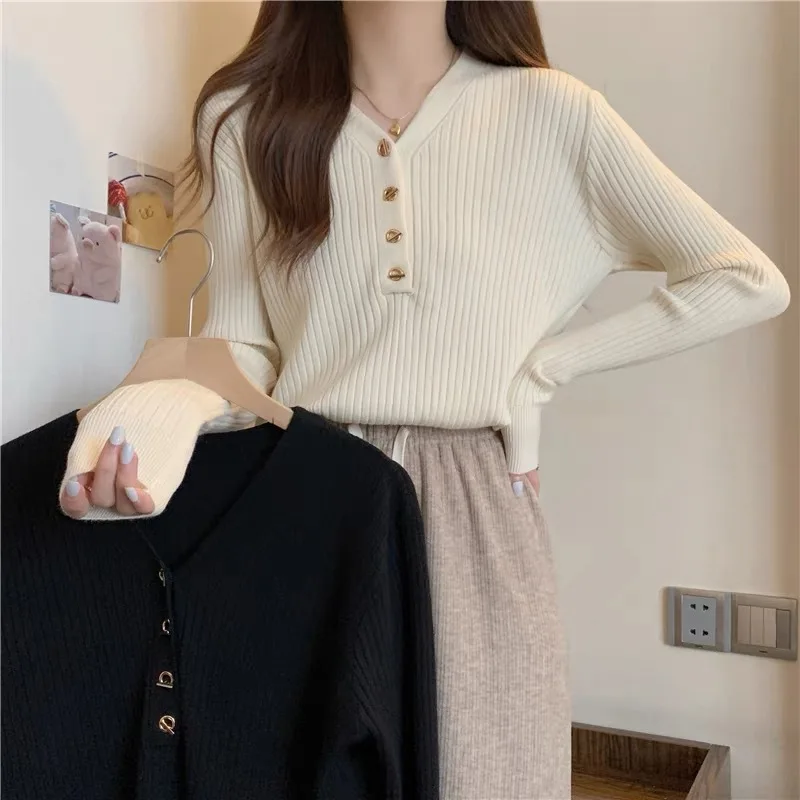 

Slim Fit V-Neck Knitted Base Shirt Women's Pure Color Long Sleeve Button up Sweater Versatile Winter Fashion Body Shaping Top