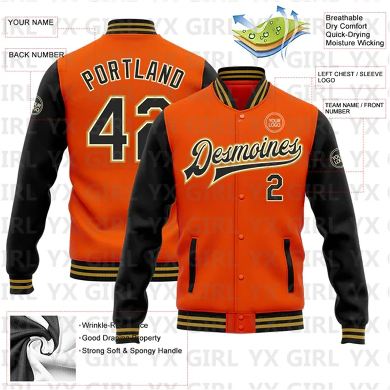 Custom Orange Black Cream-Old Gold Bomber Full-Snap Varsity Letterman Two Tone Jacket 3D Bomber