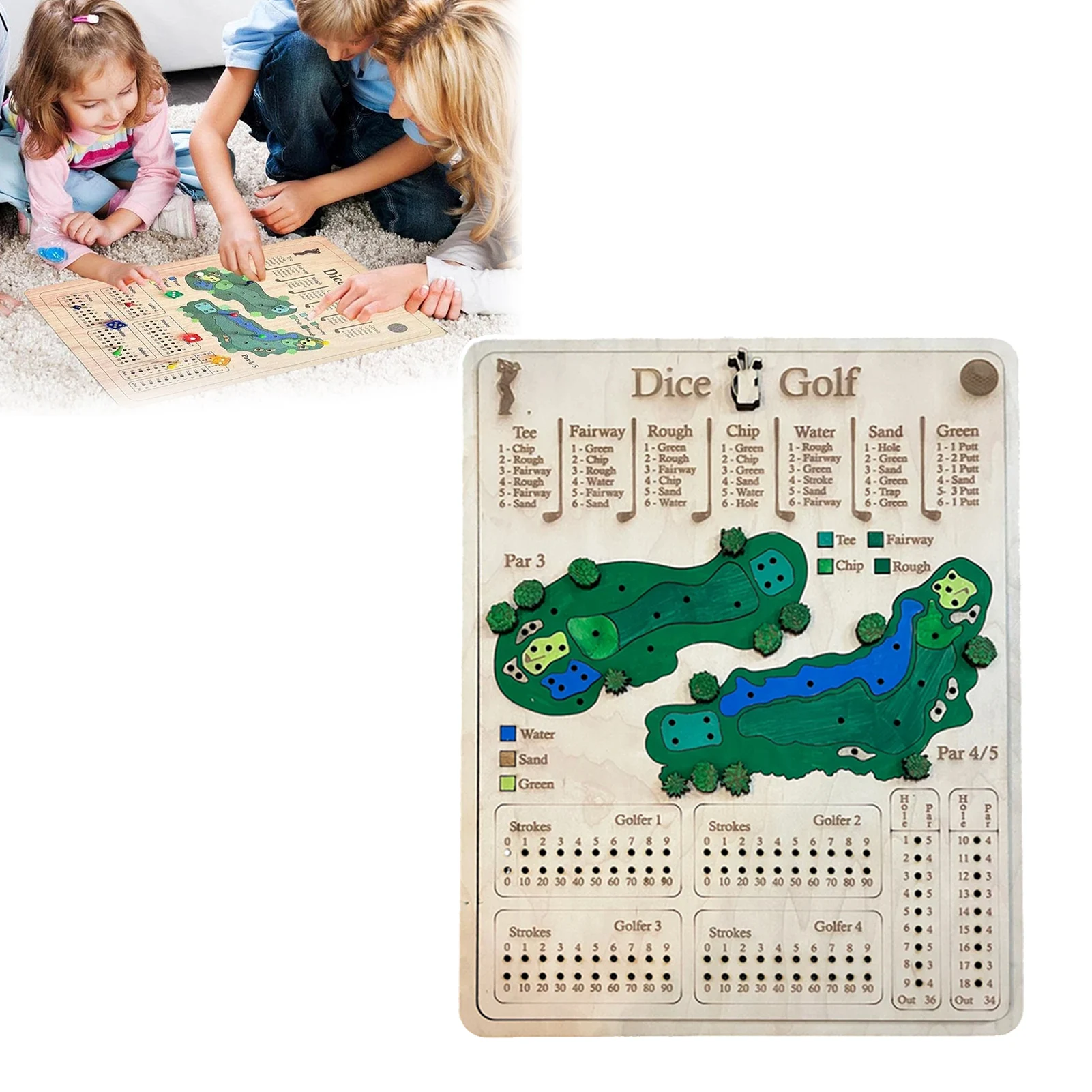 

1 Set Wooden Golf Dice Board Game Multi-players Golf Score Board Toy Interactive Golf Desk Toy Kids Family Night Party Game