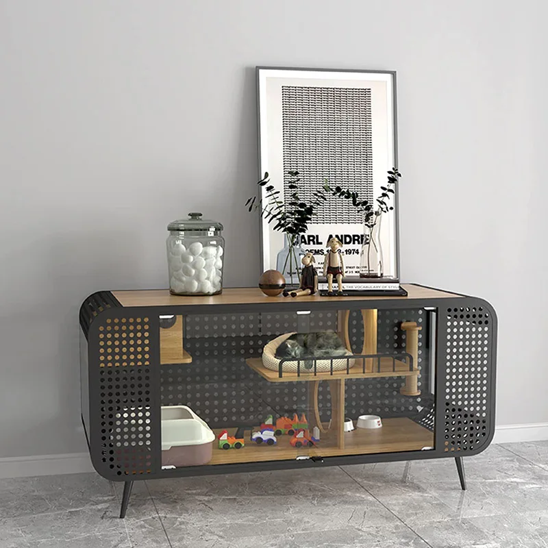

Solid All-in-One Wood Cat Litter Indoor Floral Pattern Steel Structure Large Space Cat Cage and Living Room TV Cabinet