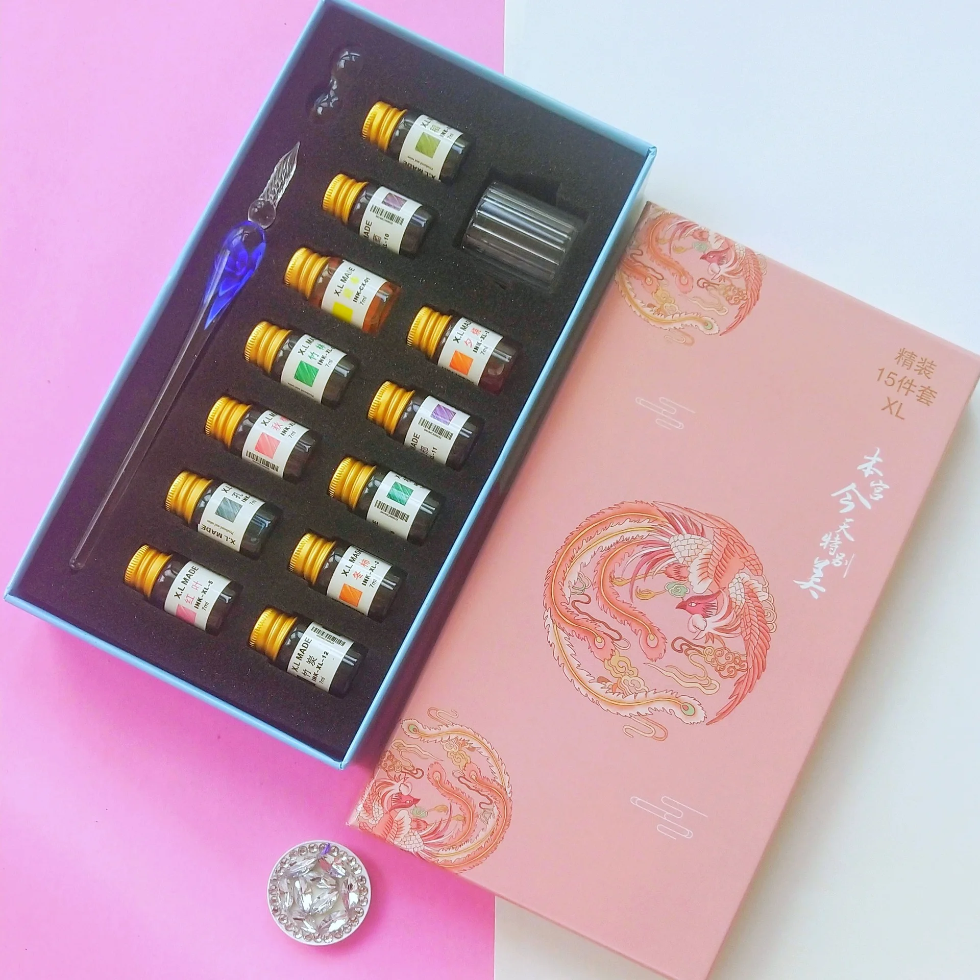 قلم زجاجي كريستالي، قلم غمس، صندوق هدايا، مجموعة أقلام توقيع حبر ملونة مسحوق ذهبي، قلم رسم، قلم ألوان تجريبية، هدية، زجاج PE