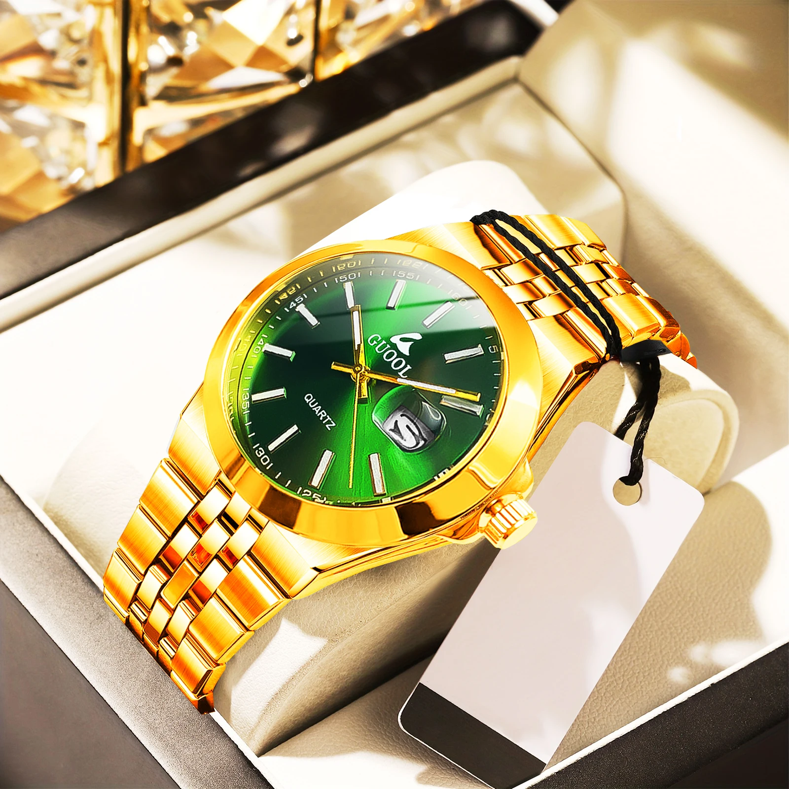 

GUOOL Men Gold Stainless Steel Quartz Wristwatch Luxury Gradient Green Dial Date Display Business Dress Watch Waterproof Casual