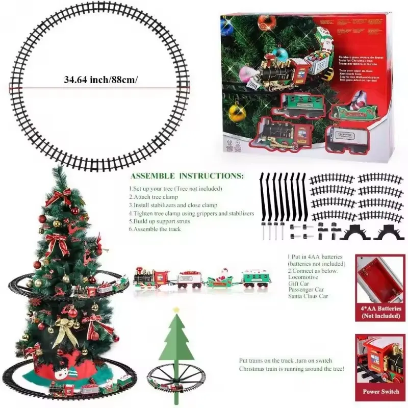 Nuovo treno ferroviario a batteria con suono e luce, giocattoli per auto ferroviarie, treno di Natale, decorazione per albero, pista, giocattoli elettrici per bambini