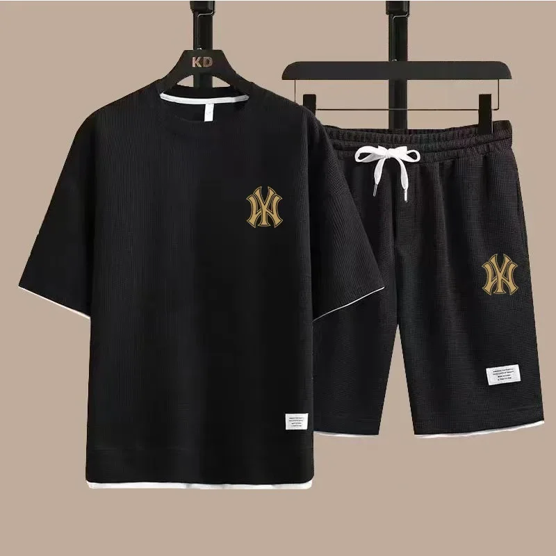 

Summer Men Set Waffle Fabric Fashion Casual T-Shirt Shorts Two Piece Set Male Sports Suit Short Sleeve Tracksuit Men's Clothing