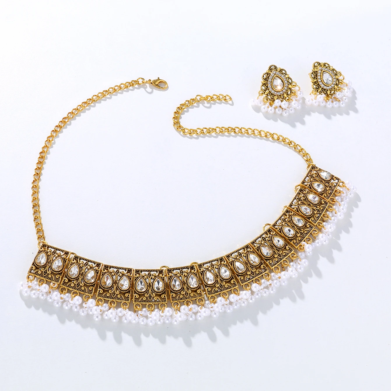 Luxury Vintage Indian Jewelry Set Antique Gold Plated Crystal Zircon Necklace Earrings Sets Ethnic Bridal Wedding Bijoux Gifts