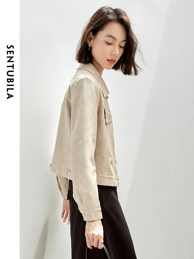 SENTUBILA Women Retro Faux Leather Cropped Jackets 2025 Autumn Casual Turn Down Collar Long Sleeve Moto Outerwear W43G56294