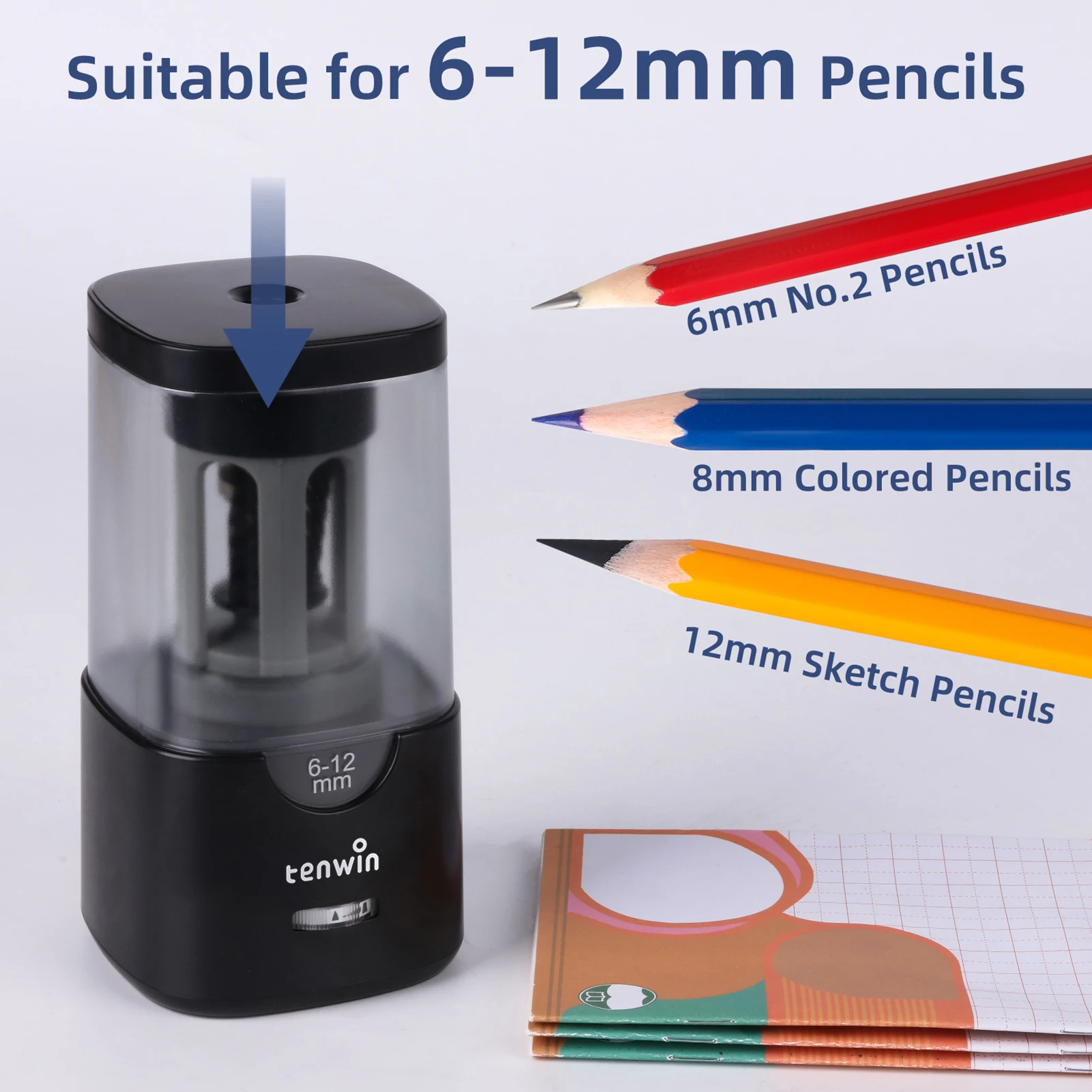 

Автоматическая электрическая точилка для карандашей с 3 насадками, функцией автоотключения и быстрой заточкой, регулируемая острота для карандашей 6-12 мм, для художников