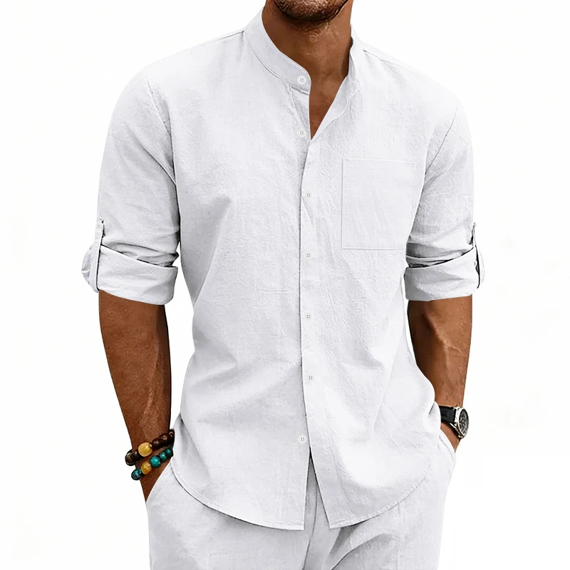 Men's linen stand collar button shirt, long sleeve loose fit, breathable beach casual cardigan