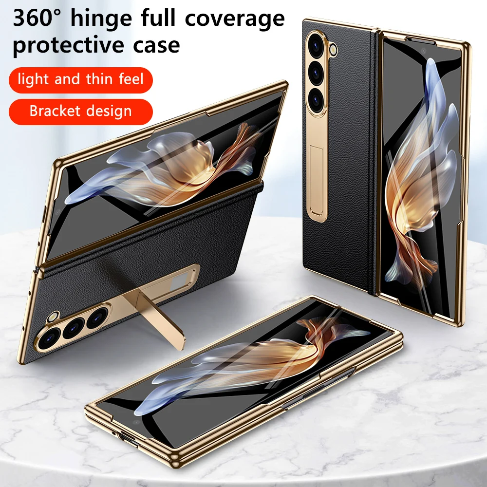 Leather Phone Case for Samsung Galaxy Z Fold 6 5 4 3 Fold6 Fold5 Gold Plating Magnetic Hinge Stand Back Cover with Mirror Film