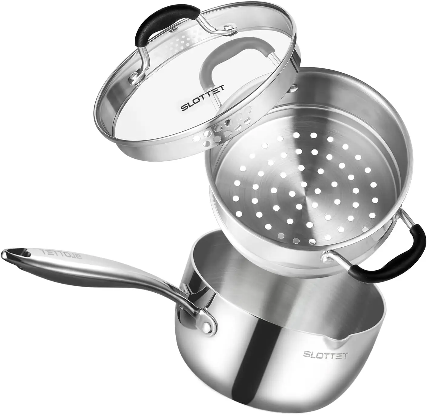 

Quart Stainless Steel Saucepan with Steamer, Tri-Ply Full Body Small Multipurpose Pot with Pour Spout,Strainer Glass Lid, 3