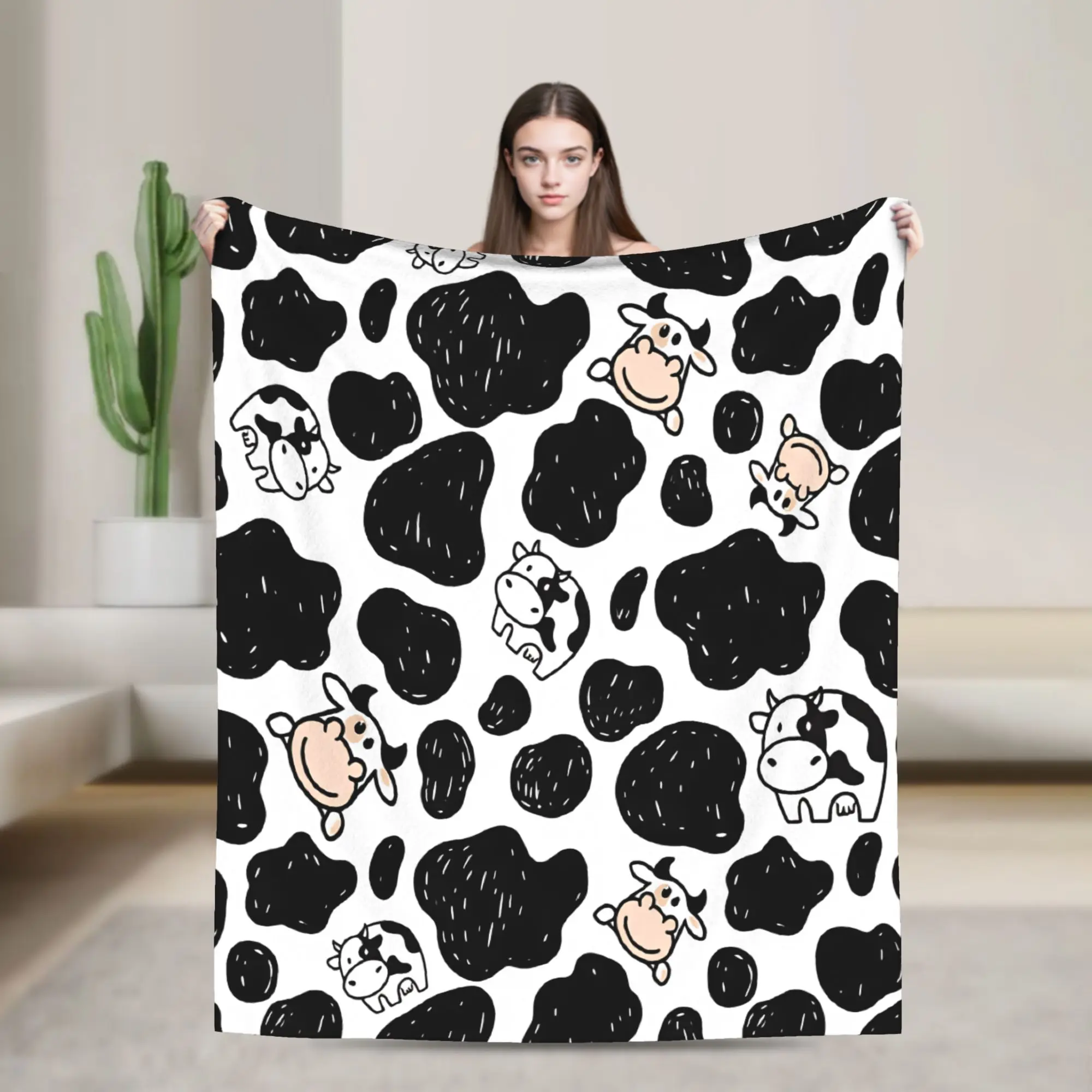 Simple Doodle Cartoon Cow And Cow Spot Blankets Winter  Warm Cozy Throw Blanket For Adults Girls Chair Bed Bedspread Bed Cover